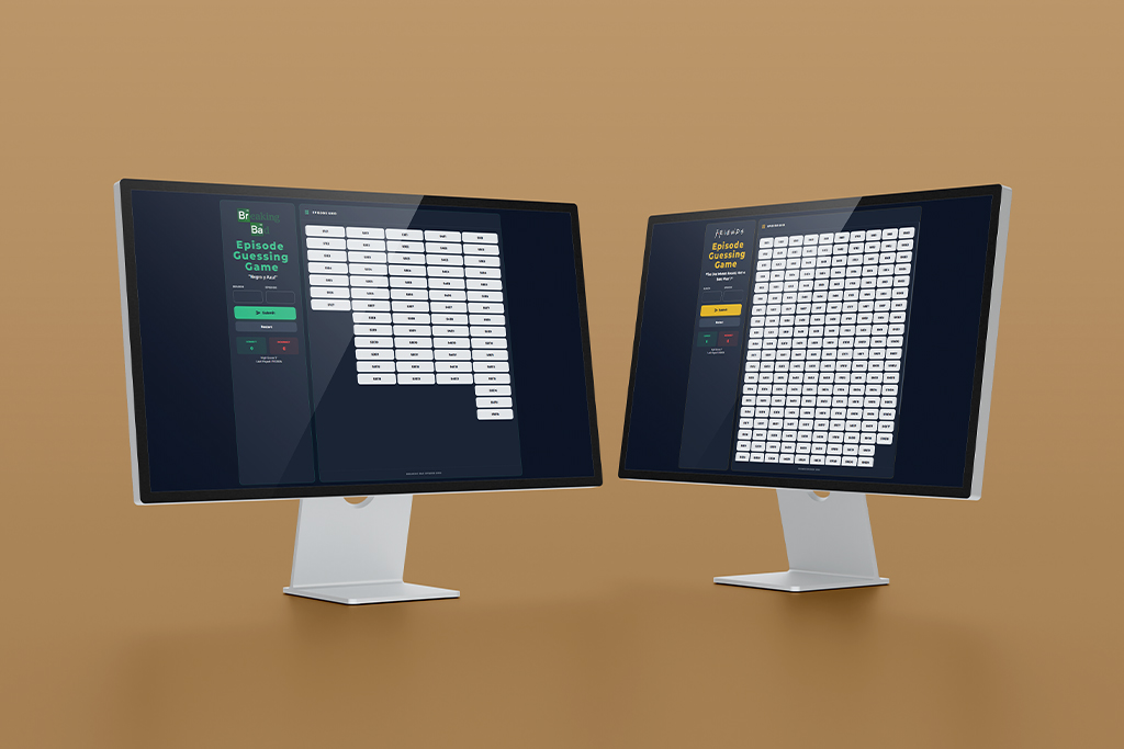 Digital mockup of the Episode Guessing Game interface displayed on two side-by-side desktop monitors against a tan background.