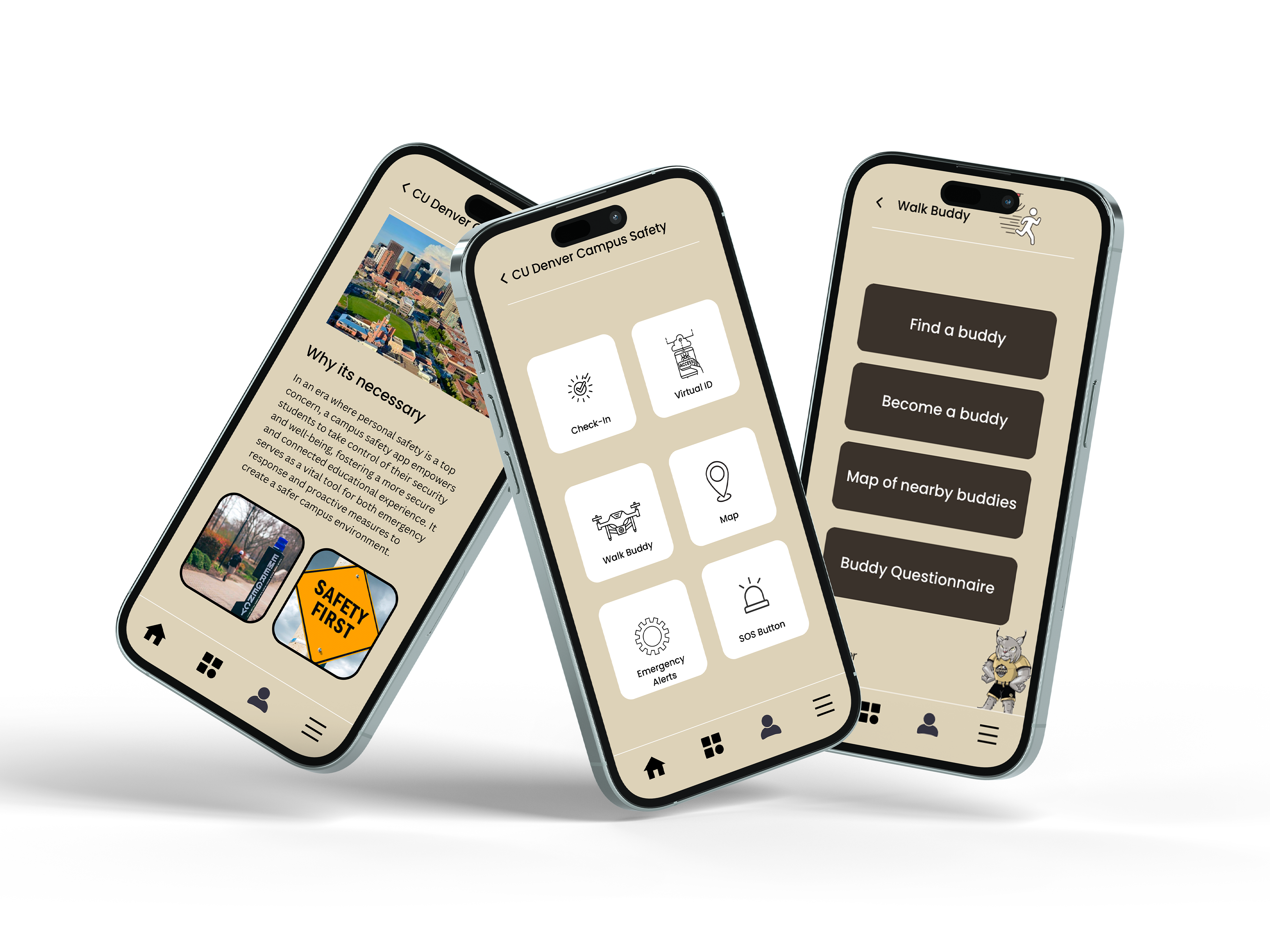A comprehensive mockup showing three iPhones with the Lynx Safety dashboard, featuring icon-based navigation for SOS alerts, walk buddies, and campus safety information.