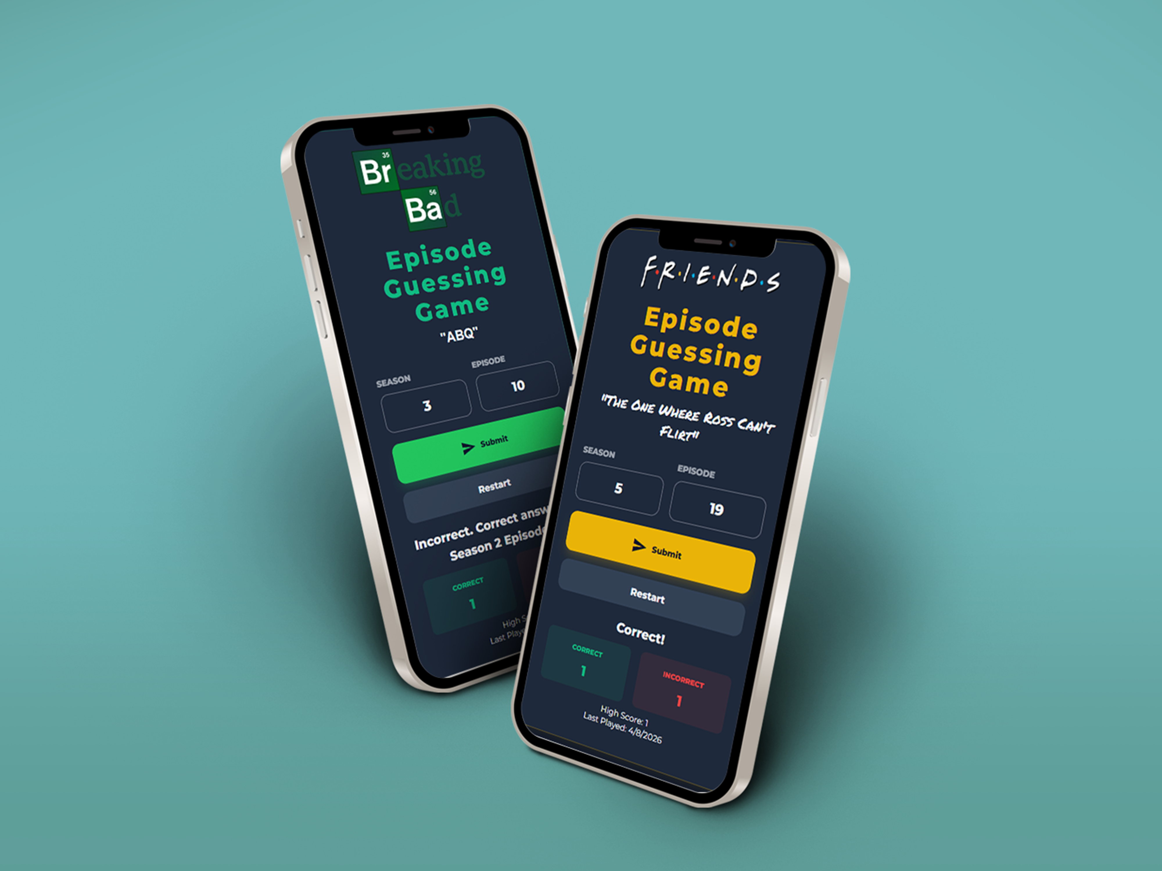 Mobile UI mockup showing the Episode Guessing Game on two iPhones, featuring a green 'Breaking Bad' theme and a yellow 'Friends' theme.