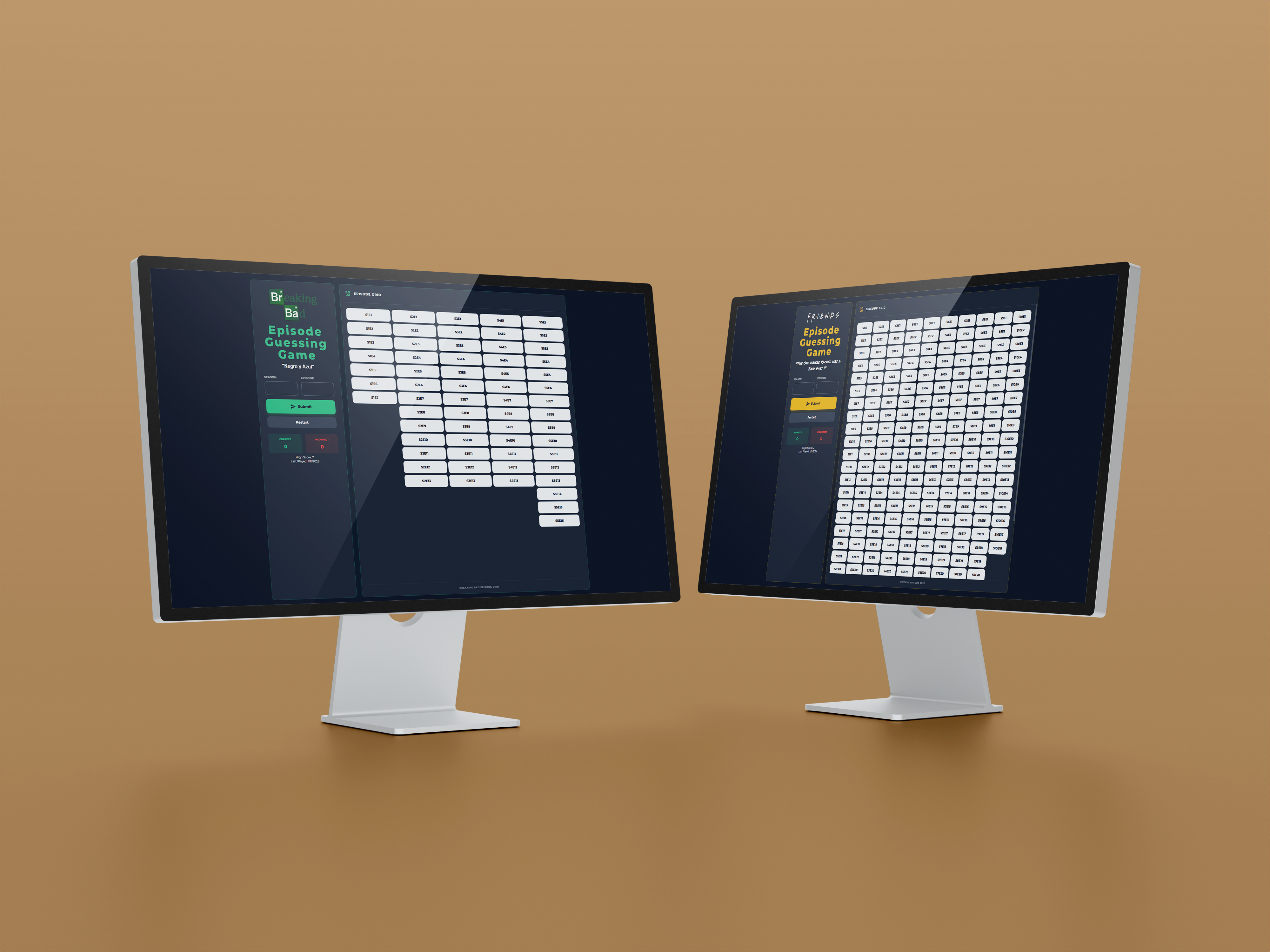Desktop mockup of the Episode Guessing Game on two monitors, showing the episode selection grid and gameplay interface against a tan background.