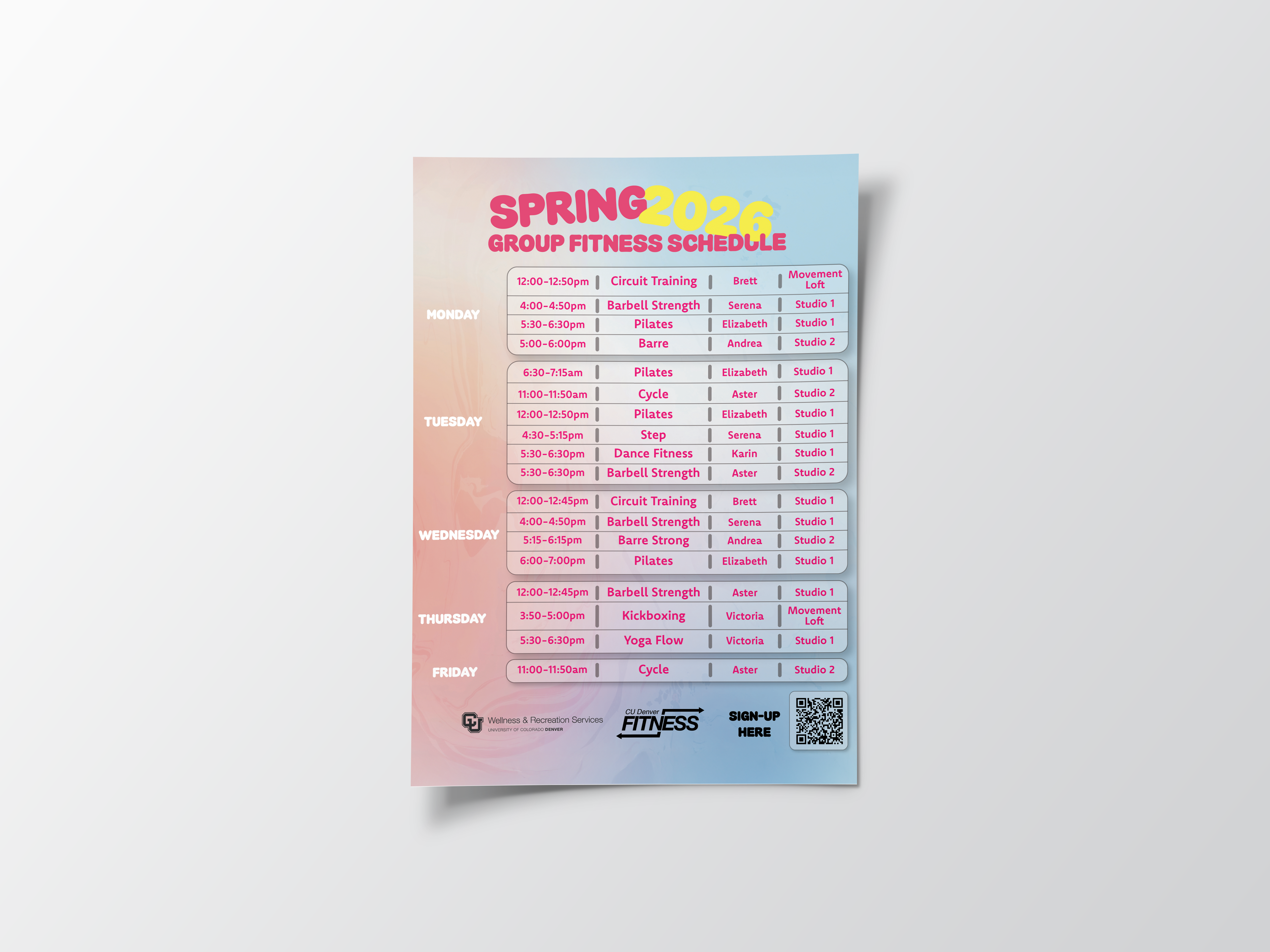 A marketing flyer for a Spring 2026 Group Fitness Schedule, featuring a grid of class times and instructors over a pastel gradient background.