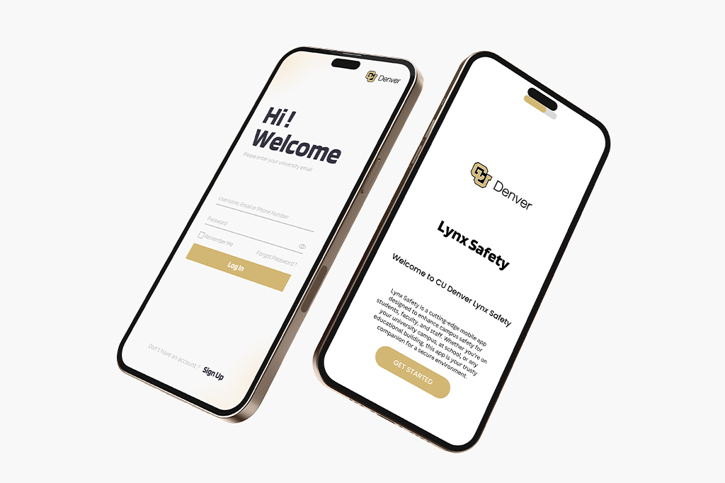 High-fidelity UI mockup of the Lynx Safety mobile app login and welcome screens on two floating iPhones.