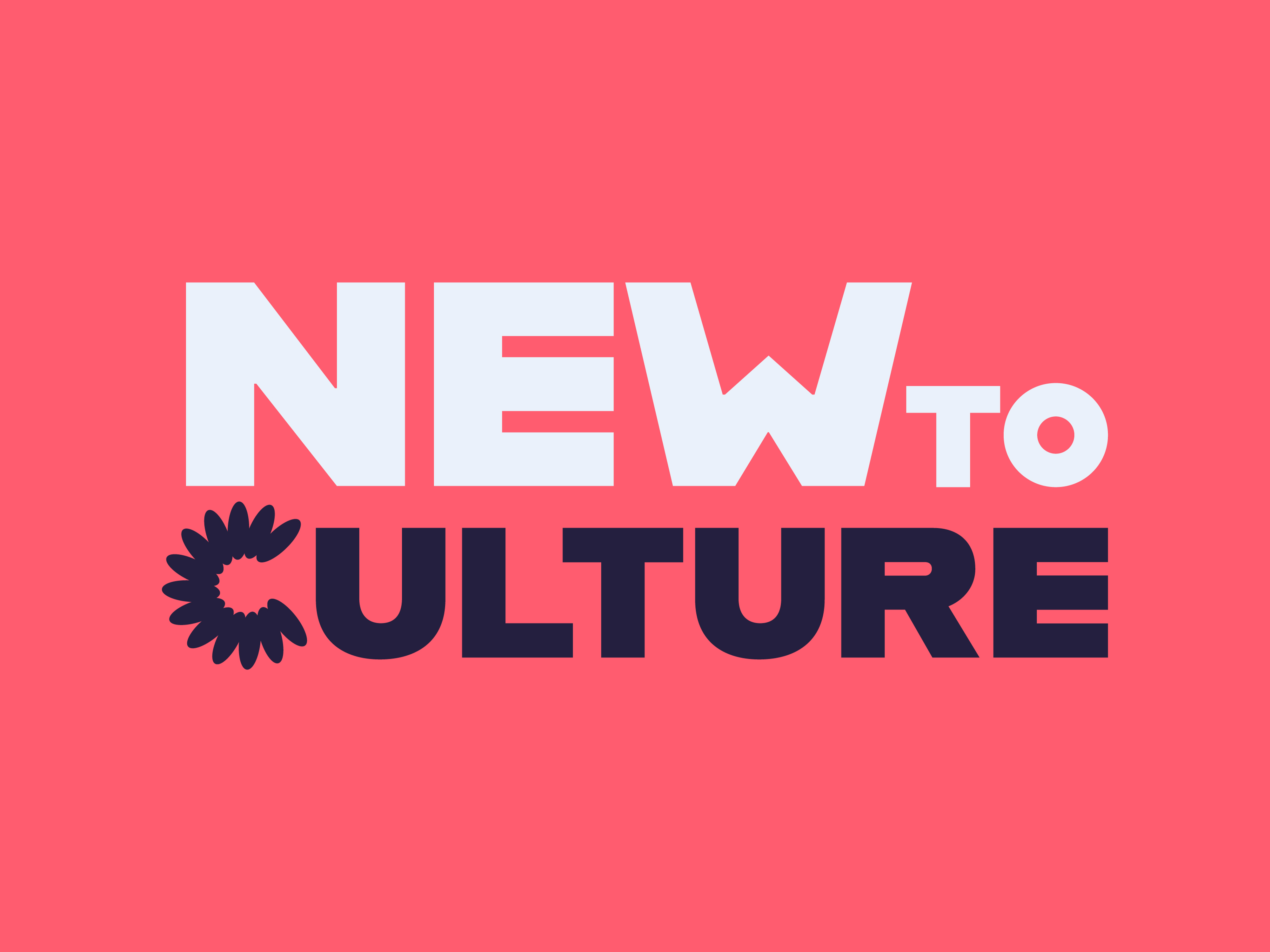 The primary NewToCulture logo featuring bold white and dark navy typography against a vibrant coral red background.