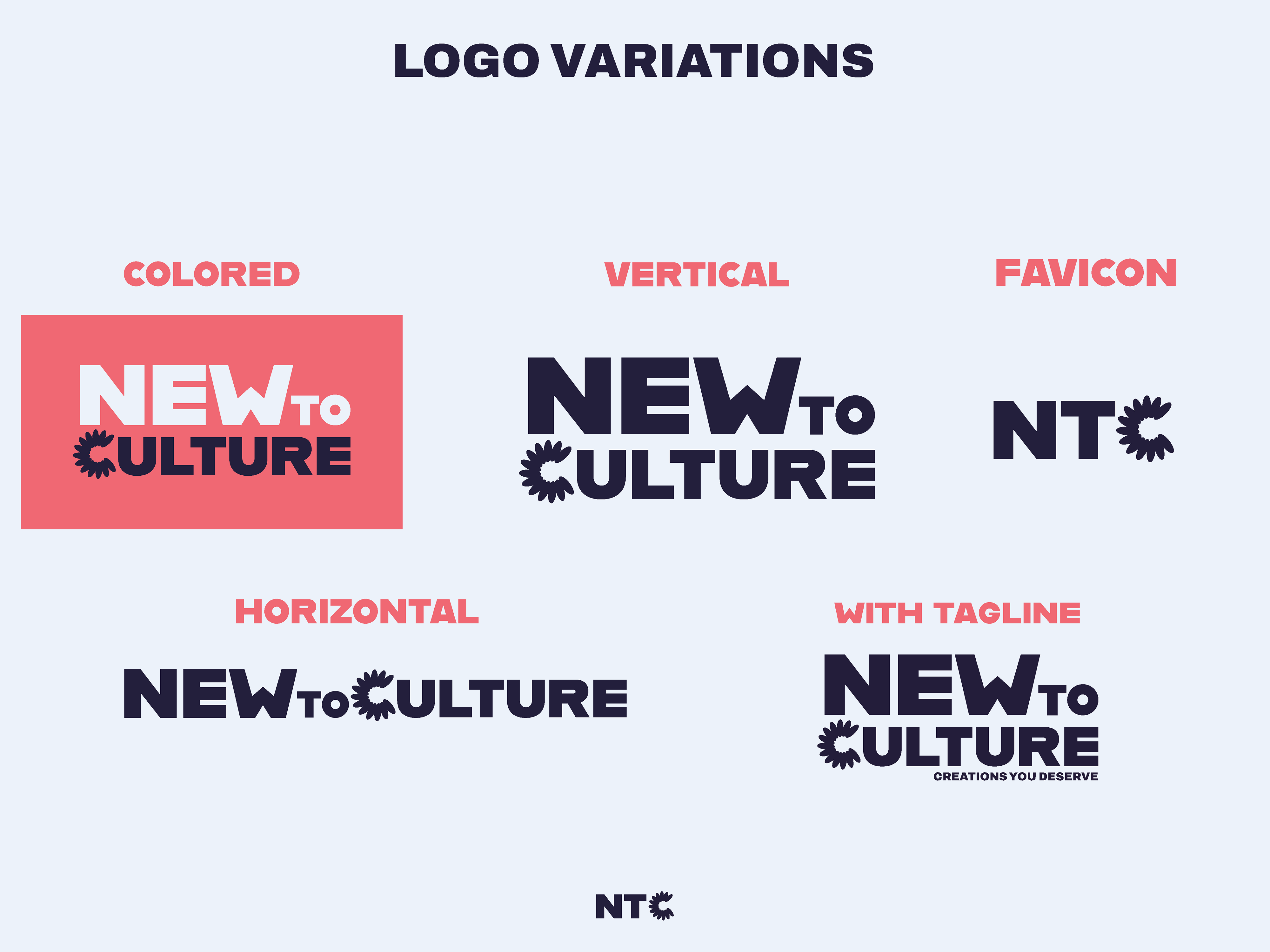 A technical sheet showing NewToCulture logo variations, including colored, vertical, horizontal, favicon, and tagline versions.
