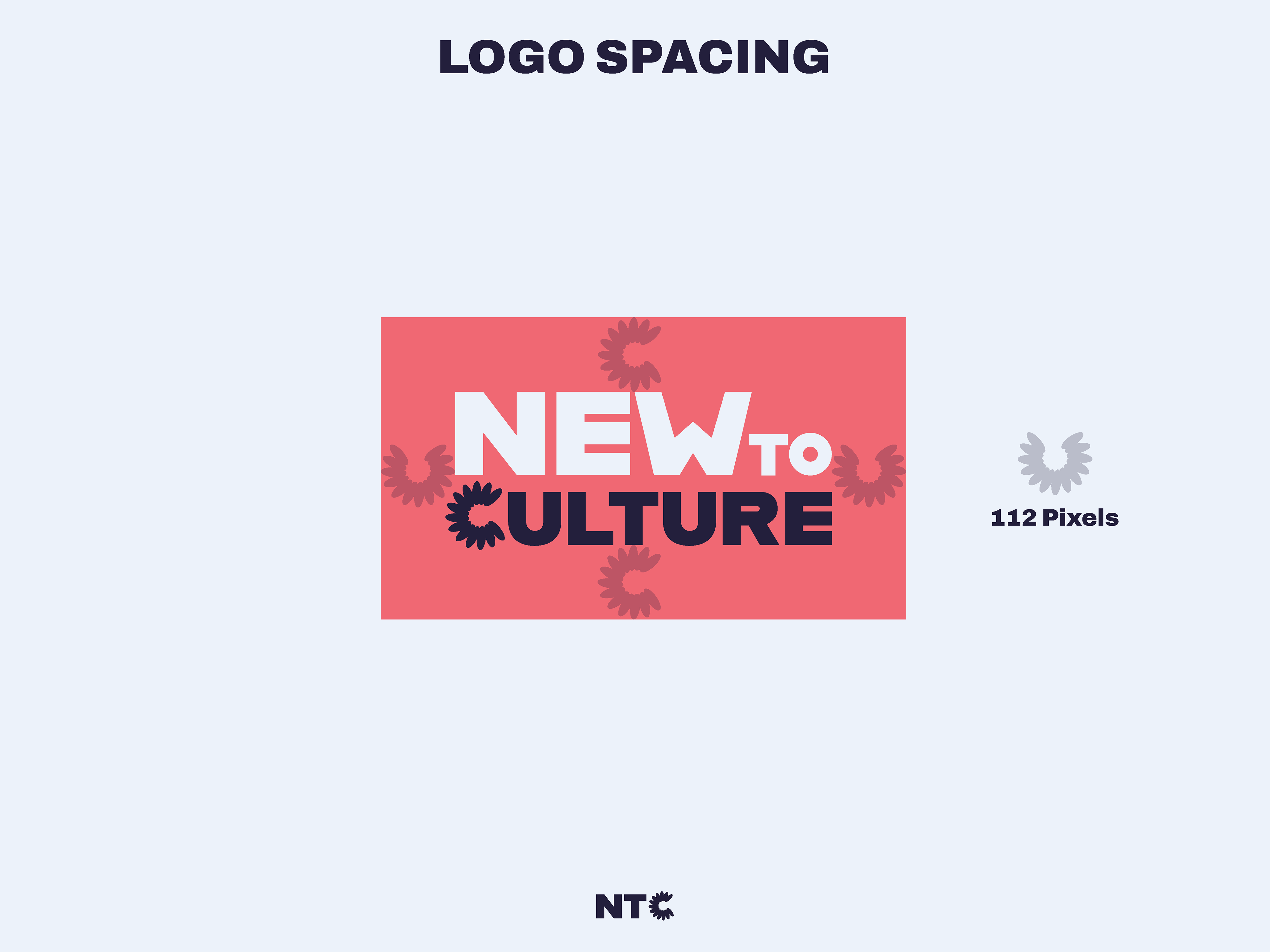 A brand style guide page titled 'Logo Spacing' illustrating the 112-pixel clear space requirements around the NewToCulture logo.