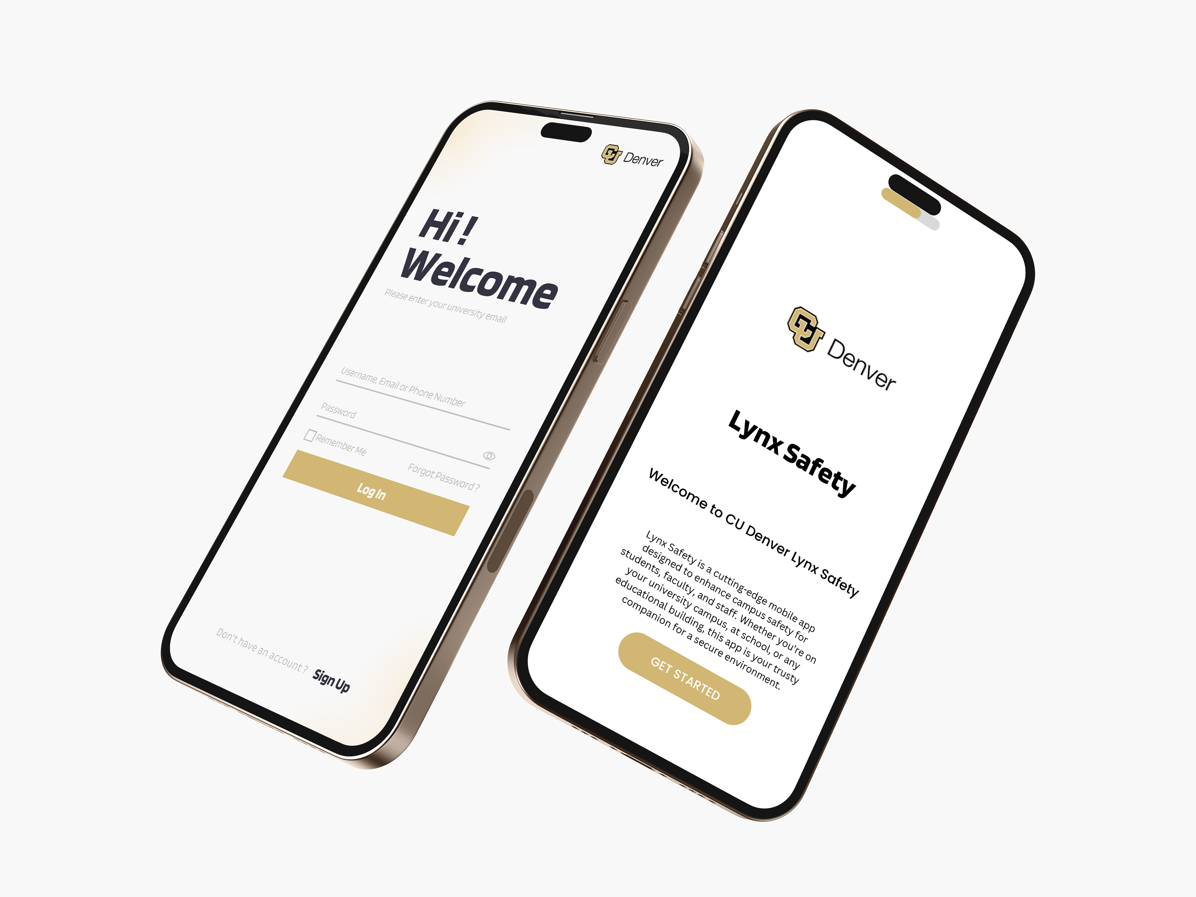 A mobile UI mockup of the Lynx Safety app on two iPhones, showing the welcome screen and a clean login interface with gold accent buttons.